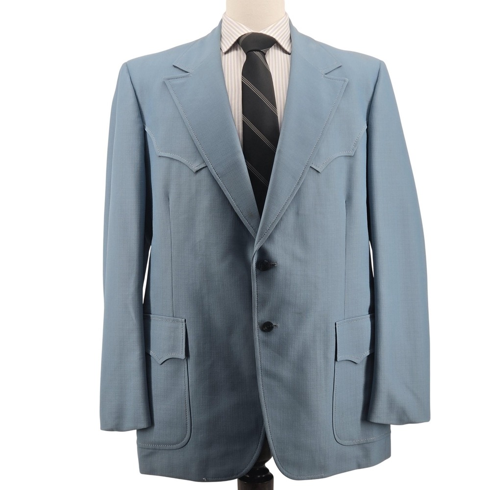 Vintage H Bar C Ranchwear Sport‎ Coat Mens 44 Blue Polyester 2 Button 70s